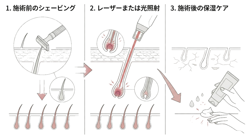 脱毛施術前後の流れと肌ケア(シェービング・照射・保湿)