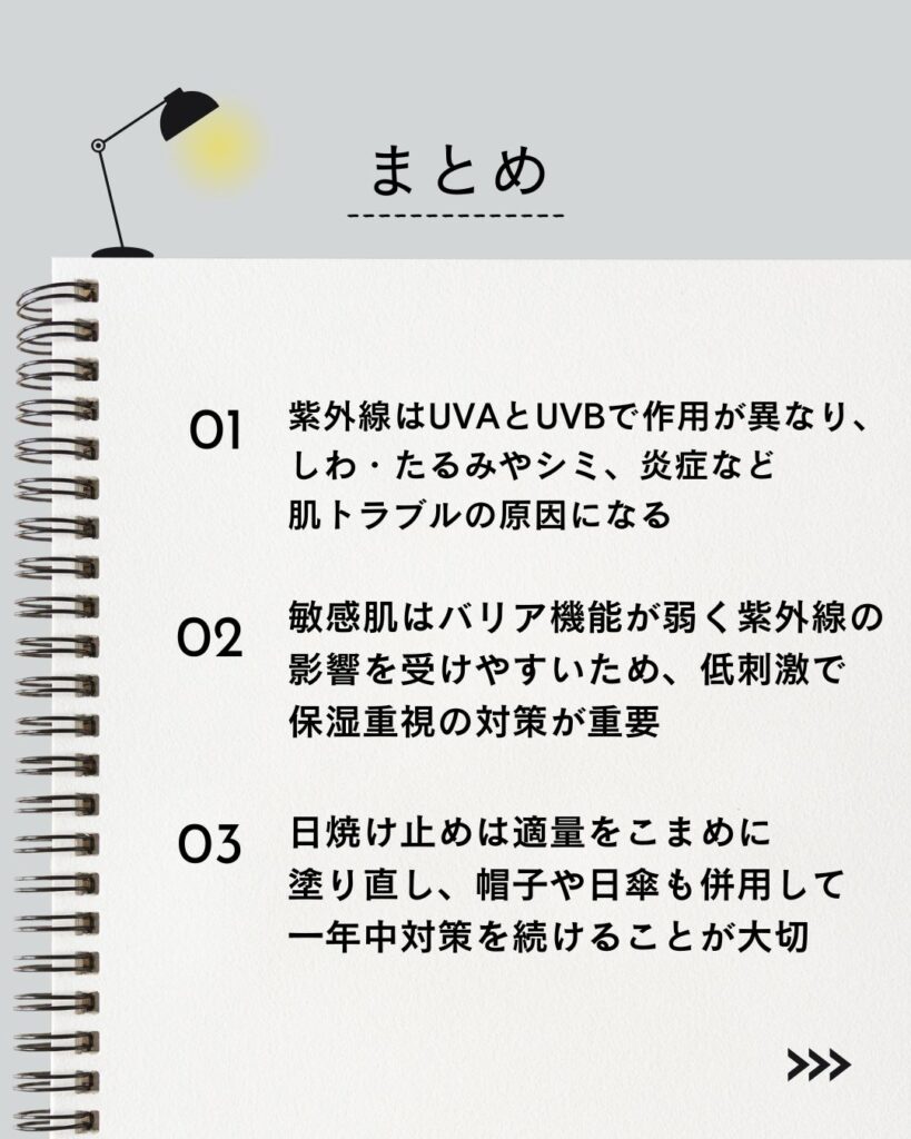 ⚫︎ 紫外線はUVAとUVBで作用が異なり、しわ・たるみやシミ、炎症など肌トラブルの原因になる
⚫︎ 敏感肌はバリア機能が弱く紫外線の影響を受けやすいため、低刺激で保湿重視の対策が重要
⚫︎ 日焼け止めは適量をこまめに塗り直し、帽子や日傘も併用して一年中対策を続けることが大切