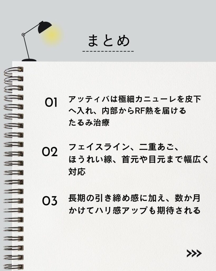 記事まとめ（要点）

⚫︎ アッティバは極細カニューレを皮下へ入れ、内部からRF熱を届けるたるみ治療です。

⚫︎ フェイスライン、二重あご、ほうれい線、首元や目元まで幅広く対応します。

⚫︎ 直後の引き締め感に加え、数か月かけてハリ感アップも期待されます。