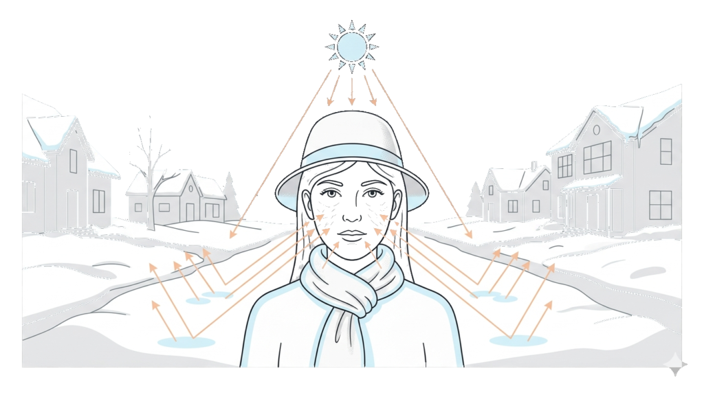 雪の反射による冬の紫外線ダメージ対策イラスト