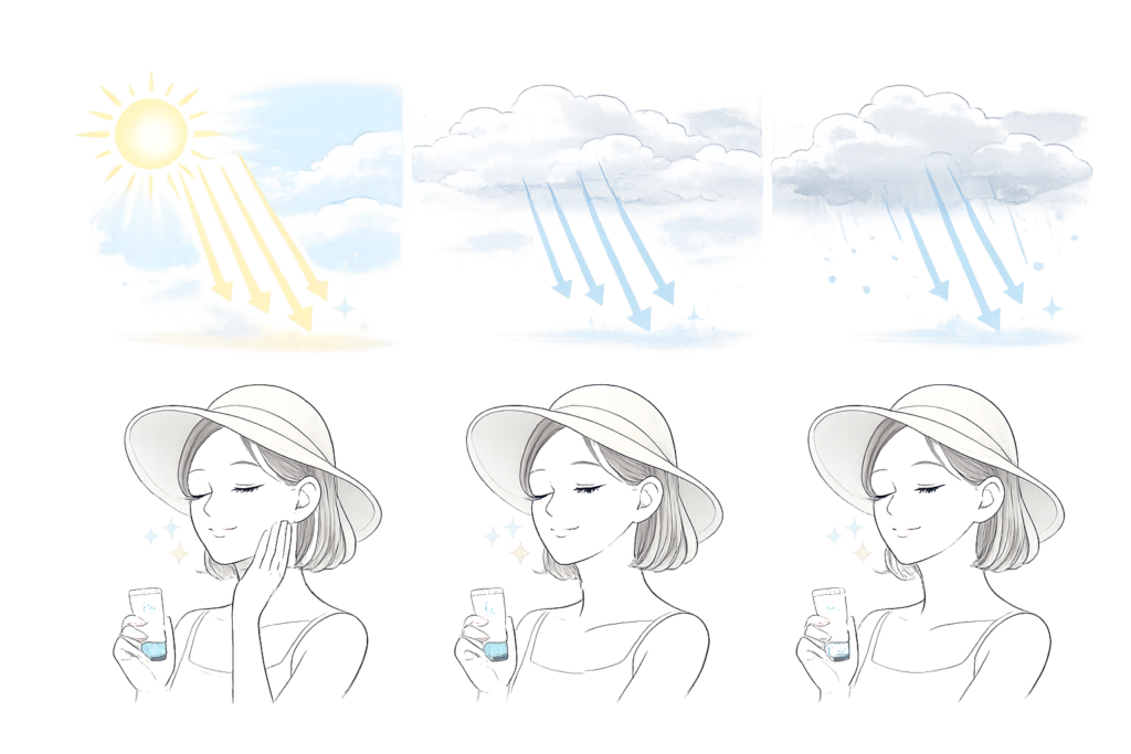 曇りの日でも届く紫外線量とUV対策の比較イラスト