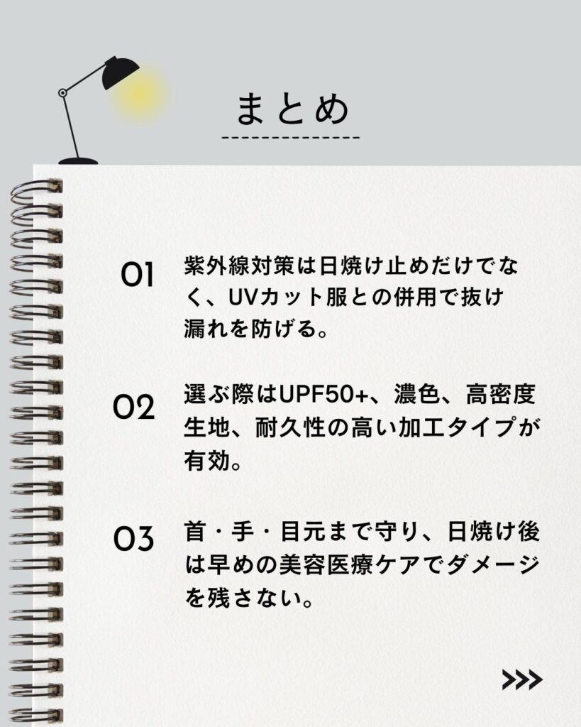 記事まとめ用（要点まとめ）

⚫︎ 紫外線対策は日焼け止めだけでなく、UVカット服との併用で抜け漏れを防げる。

⚫︎ 選ぶ際はUPF50+、濃色、高密度生地、耐久性の高い加工タイプが有効。

⚫︎ 首・手・目元まで守り、日焼け後は早めの美容医療ケアでダメージを残さない。