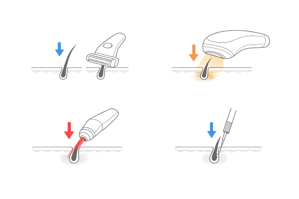 脱毛方法の種類比較(自己処理・光脱毛・医療レーザー・ニードル)