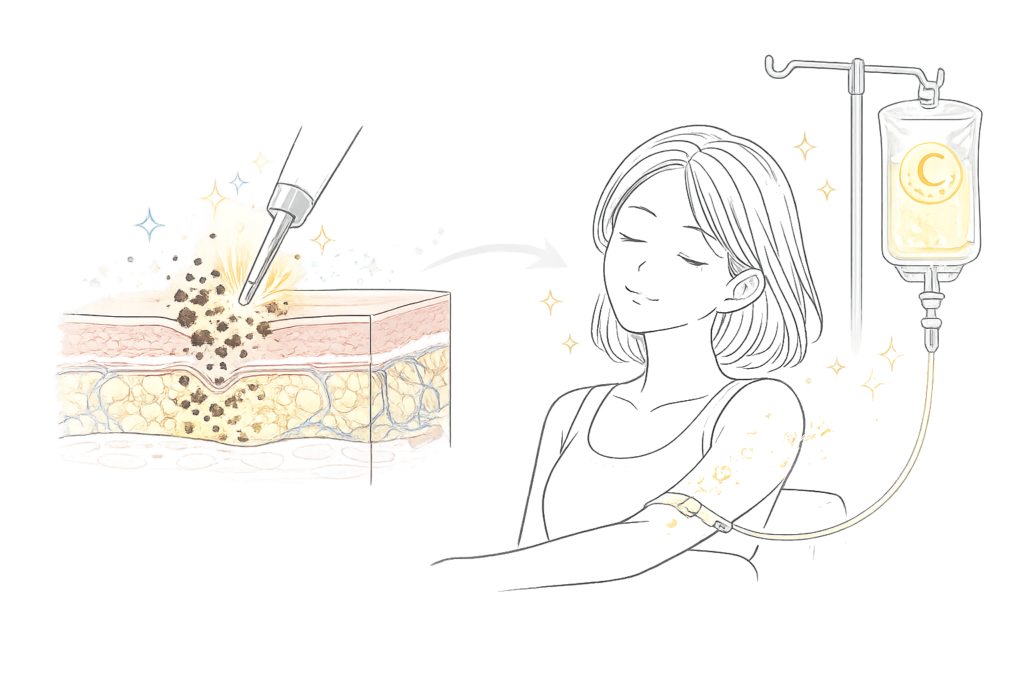 ピコトーニングとビタミンCでシミ予防する美白ケアイラスト