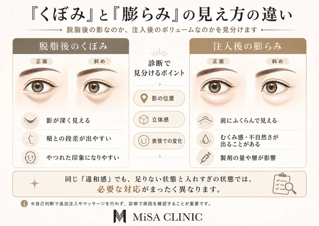 脱脂後の「くぼみ」と、ヒアルロン酸過多による「膨らみ」の違い。正面・斜めから見た影の位置を比較する