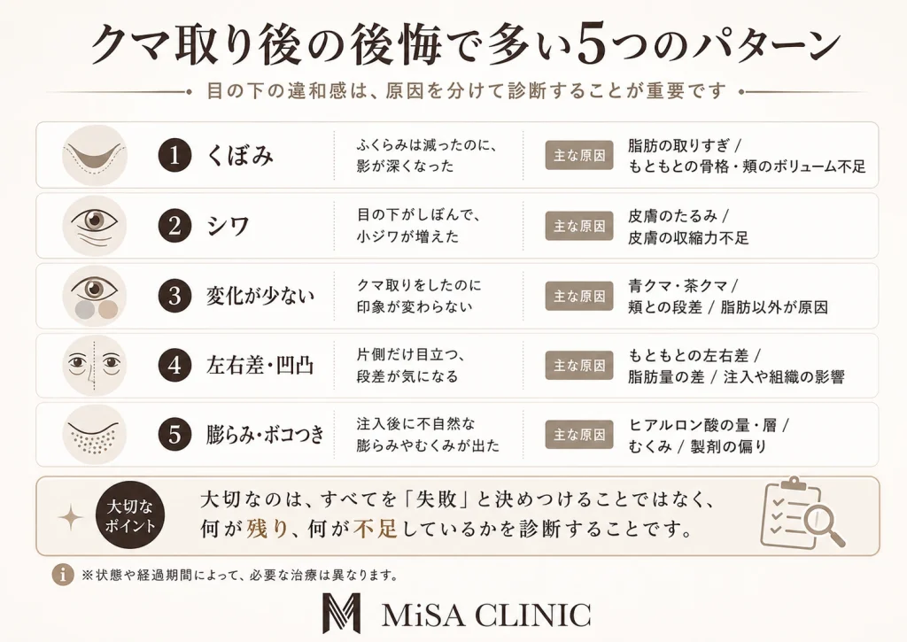 クマ取り後の後悔を「くぼみ・シワ・左右差・色残り・膨らみ残り」の5種類に分け、それぞれの主な原因を示