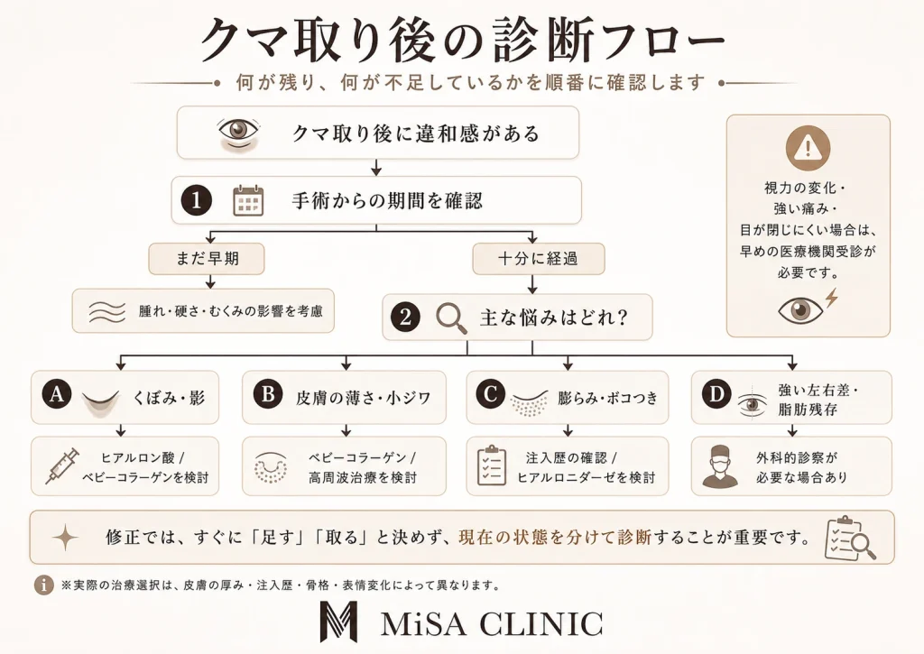 クマ取り後の診断フロー。「手術からの期間」「膨らみ／くぼみ」「色クマ」「皮膚の余り」「注入歴」から治療選択へ分岐