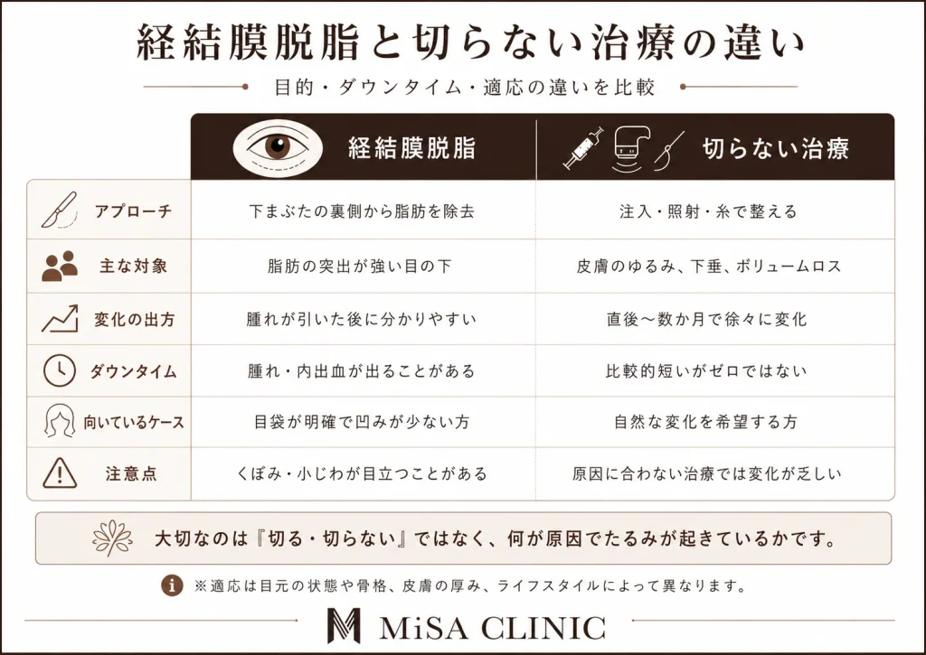 「経結膜脱脂」と「切開を伴わない治療」の違い。切開部位、主な対象、経過、ダウンタイム、対応できない原因を比較する