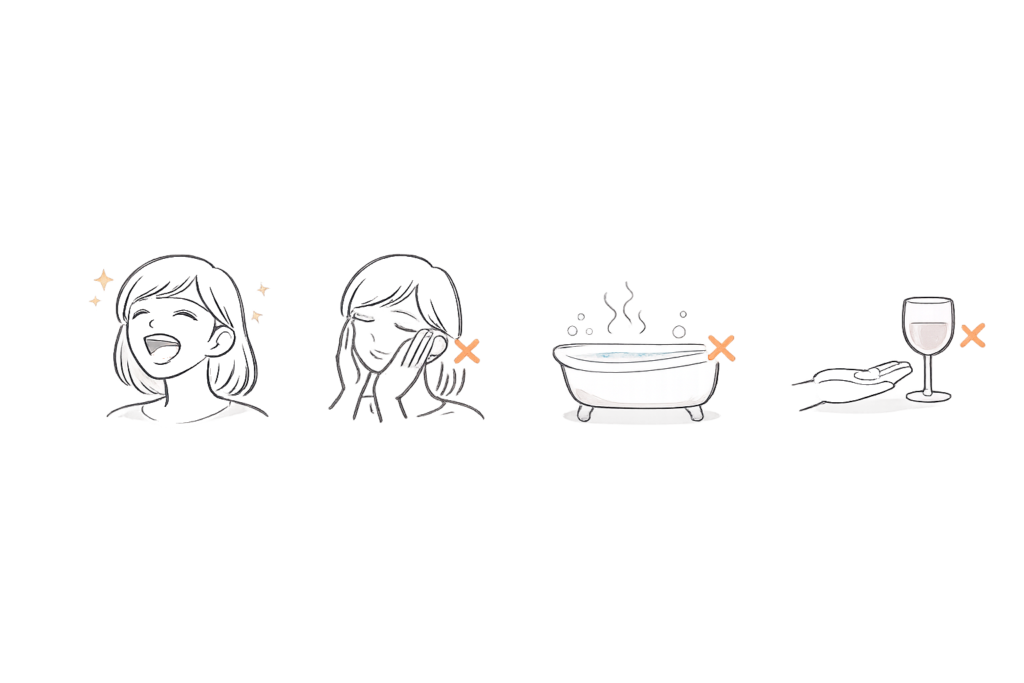 ひきつれを悪化させない術後の過ごし方（避けたい行動のイメージ）